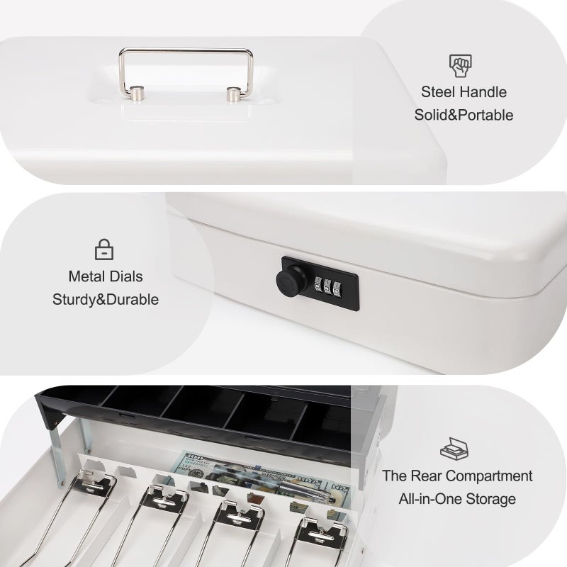 Jssmst Locking Large Metal Cash Box with Money Tray, Money Box with Combination Lock, White, SM-CB0511L - Image 5